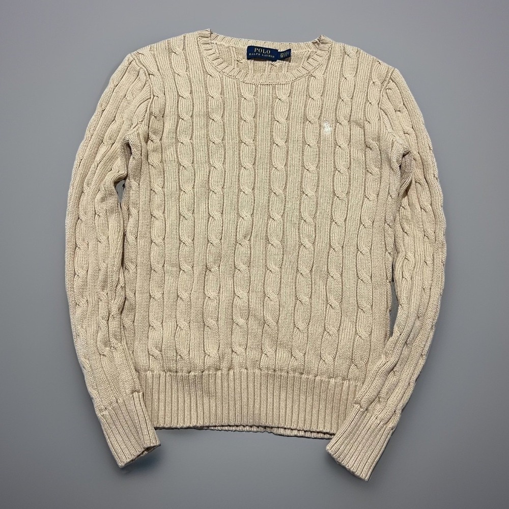 Polo Ralph Lauren Womens Beige Stretch Logo Cable Knit Pullover Sweater Size XS